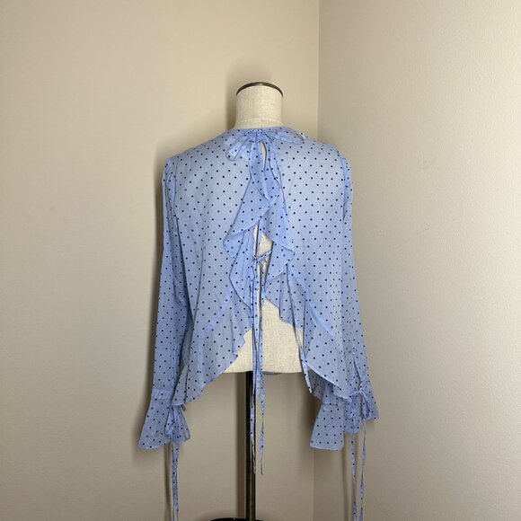 Robert Rodriguez Polka Dot Open Back Top Womens Size 6 Ruffle Cuff Feminine Blue - Picture 8 of 8